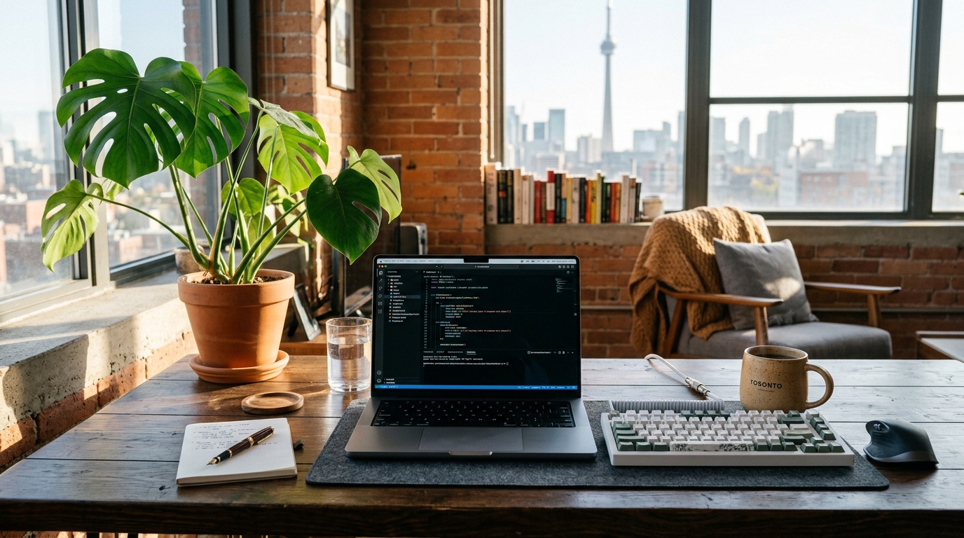Aesthetic cozy developer workspace with laptop, coffee mug, monstera plant and Toronto skyline view