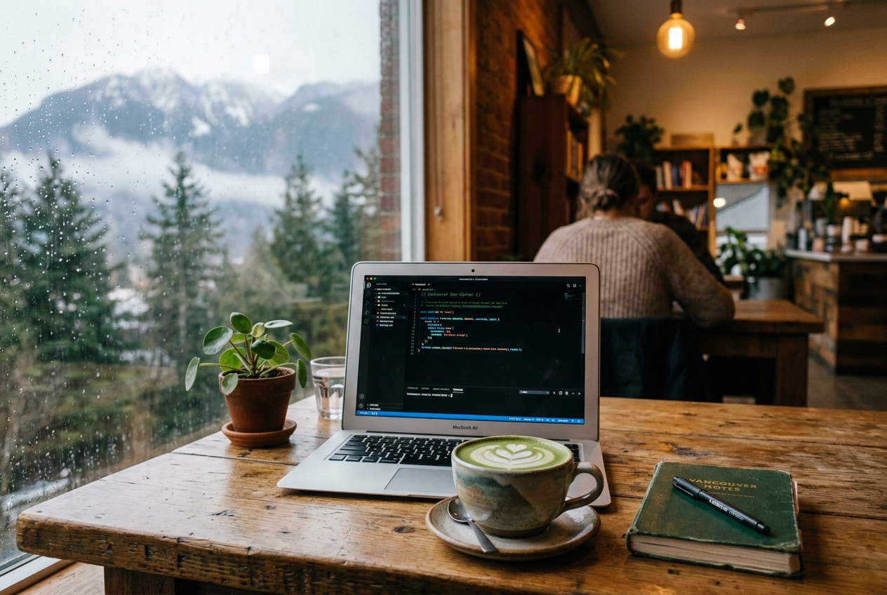 Cozy coffee shop corner in Vancouver with laptop and matcha latte art